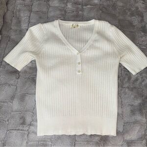 White Ribbed V-Neck Button Top
